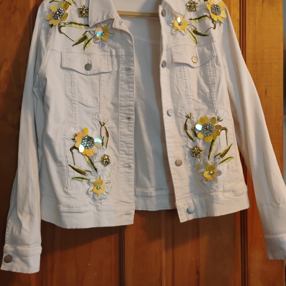 Boston Proper White Floral Embroidered Jean Jacket